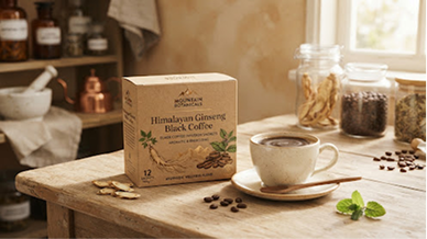 Himalayan ginseng black coffee on a wooden table